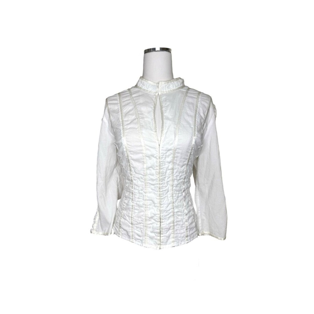 Y2K Nine & Co White Ruffled Keyhole Collar Ribbon Hook & Eye Women's Top Size 16